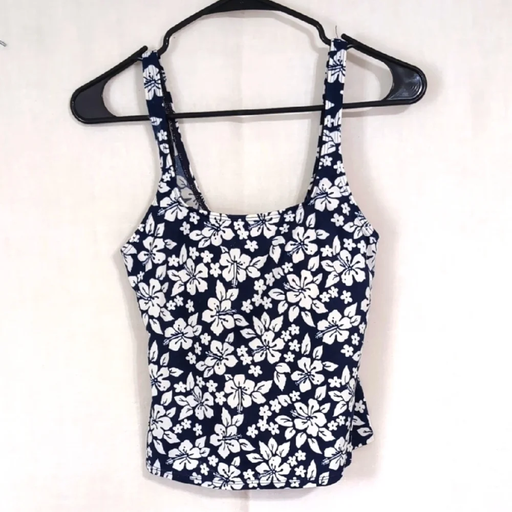 Vintage Sandcastle Navy White Floral Tankini Swim Top Size Small